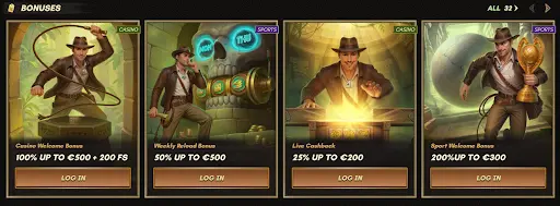 Overzicht van verschillende bonusaanbiedingen met avontuurlijke ontdekkingsreiziger in tempelscènes, dat de variatie aan beloningen en promoties toont na het inloggen bij sankra, inclusief casino- en sportbonussen