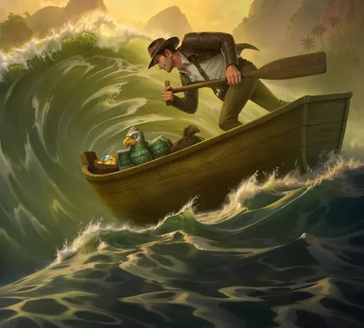 Avontuurlijke ontdekkingsreiziger die met vastberadenheid een houten boot door een krachtige golf stuurt, symbool voor durf, controle en kansen grijpen binnen het casino sankra