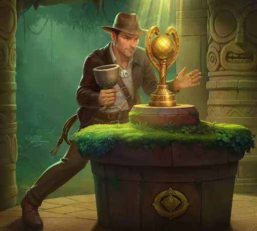 Ontdekkingsreiziger die geconcentreerd een gouden artefact bestudeert op een met mos bedekt altaar in een verborgen tempel, als symbool voor inzicht, exclusieve kansen en beloningen binnen het sankra online casino